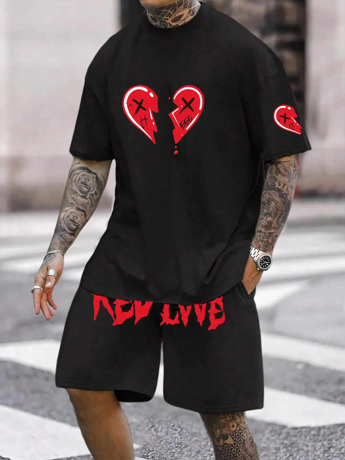 Two-piece Set Men's Heart Print Drop Shoulder Tee & & Letter Print Drawstring Waist Shorts Set, Casual Street Short Sleeve T-shirt & Pocket Track Shor