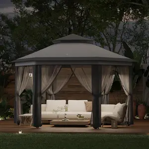 Gaomon 13x13ft Hexagon Plaid Weave Polyester Pop-Up Canopy Tent, Outdoor Gazebo with Zippered Mesh Walls & UV Protection, Carry-Along Bag, Modern Dark-Light Grey Lounge Shelter for Patio Group Space