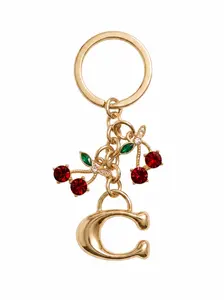 Cherry Crystal Letter C Keychain | Gold Plated Rhinestone Fruit Bag Charm, Sparkly Red Green Gem Pendant, Anti-fade Metal Key Ring, Handbag Purse Accessory, Daily Car Key Decor Gift for Women Girls Fashion Lovers