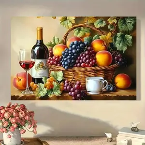 Elegant Still Life Fruit Wine Glass Canvas Wall Art with Frames - Artistic Rustic Grapes Peaches & Vintage Wine Bottle Modern 12x18 Inch Framed for Home Living Space Ornaments or Gift for Room Decoration Artwork 12*18Inch Framed 12*18Inch(Framed)