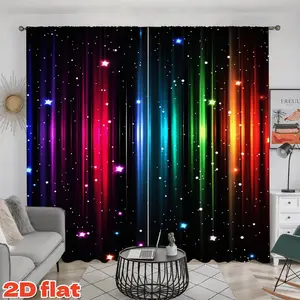 2D Flat 2Pcs Rainbow Stars Pattern Curtain Panel, Colorful Vertical Stripes Pole Pocket Style, Semi-Sunshade Polyester Fiber for Home Living Room Bedroom Study Window Decor, Anti Privacy