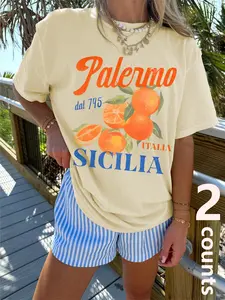 Two-Piece Set Orange Print Women's Loose Lightweight Short Sleeve Top and Striped Shorts Set, Summer Casual Two-Piece Outfit for Beach Vacation