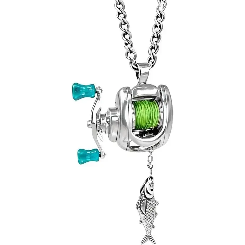 Realistic Reel Shape Rotating Mini Fishing Reel Necklace with Moving Line Guide Pendant - Casual Trendy Fashion Accessory for Anglers, Fashion Cool Accessories, Jewelry, Funky, Peppy, Casual Style Necklaces, Costume Jewelry Necklace