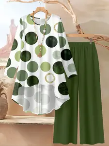Women's round neck irregular print long-sleeved Fitted top and elastic waist solid color wide-leg pants two-piece Matching set, suitable for Beach, seaside vacations, lazy time, daily outings, holidays, home, casual wear
