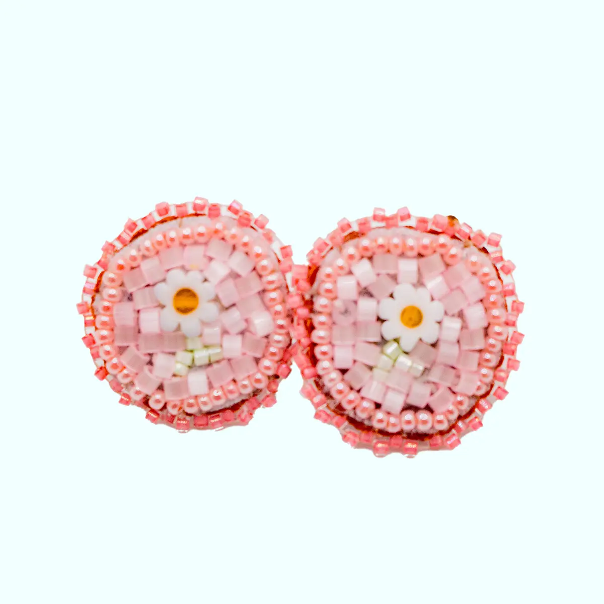 Handmade Pink Beaded Daisy Earrings – Cowhide Leather Backing