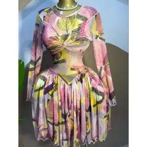 Women's leaf printed long sleeved round neck pleated mini dress, birthday party fashion dress, elegant educational style dress, elastic large swing educational dress, holiday pleated half body beach dress, streetwear women's dress