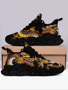 Men's Chinese Dragon Print Lace Up Sneakers, Casual Comfortable Breathable Sports Running Shoes, Athletic Shoes, Male All-match Round Toe Shoes for Daily Wear