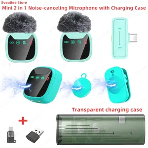 Purple Plug Lavalier Microphone Wireless Portable With Charging Case LED Display Noise Cancellation For Smartphone Interview Podcast Vlog