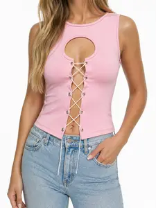 Women's Summer New Style Hollow Out Eyelet Tie Strap Sleeveless Top, Y2K Streetwear Slim Fit Tank, Elegant Waist Cinch Cami Vest