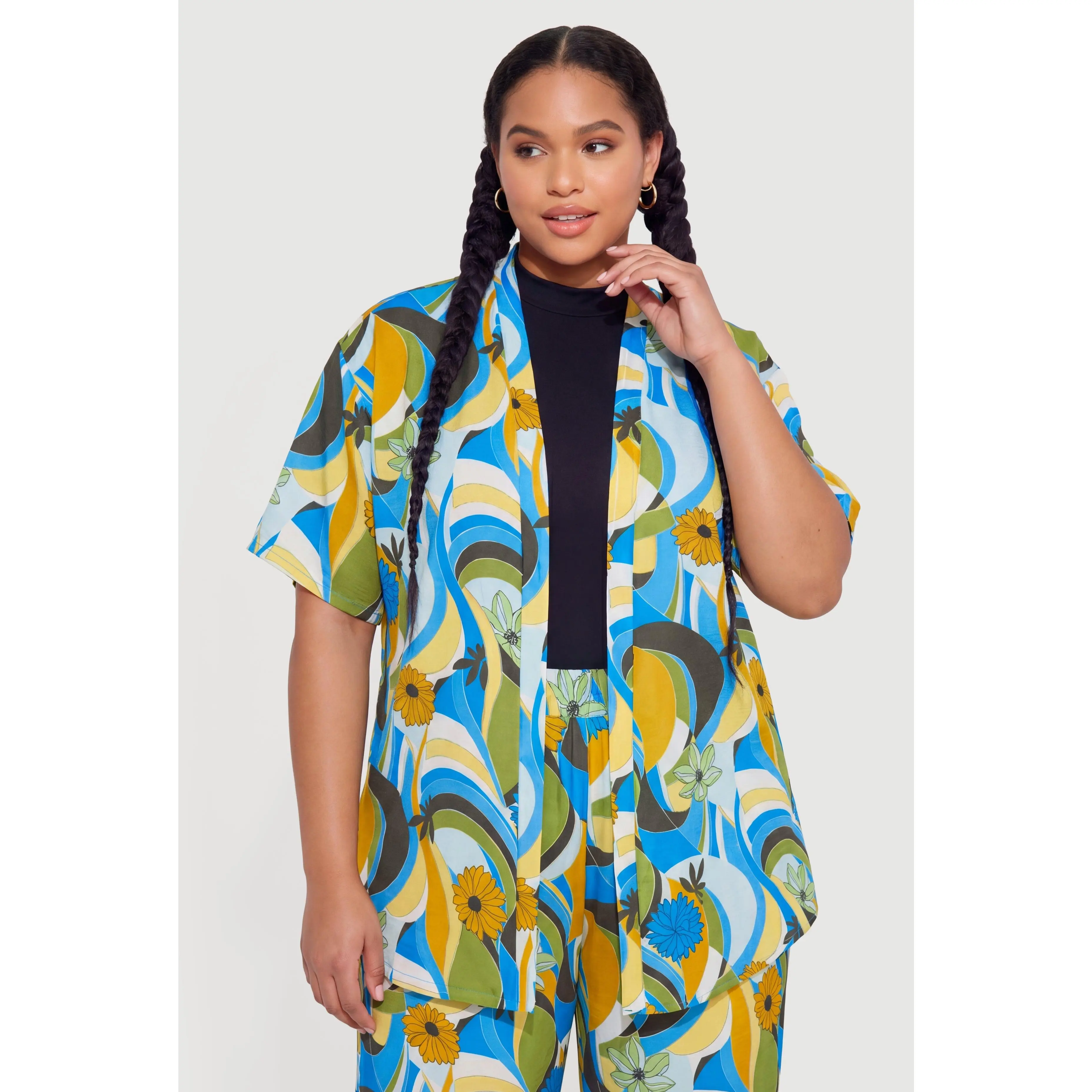 Plus Size Crepe Knit Patterned Kimono