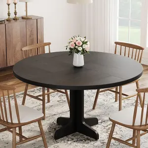 Round Dining Table for 4, 47 Inch Farmhouse Kitchen Table with Wood Tabletop and Stable Base, Circle Dinning Room Table for Home Dining Room Living Room, Black (Only Table)