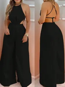 1 Piece Solid Color Halter Neck Backless Sleeveless Cutout Wide Leg Jumpsuit for Women, Breathable Fabric, Party & Daily Wear, Contemporary Style