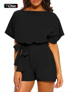 Women's Solid Color Tie Waist Fitted Romper, Minimalist Casual Short Sleeve Batwing Romper for Spring & Fall, Ladies Clothes for Daily Wear