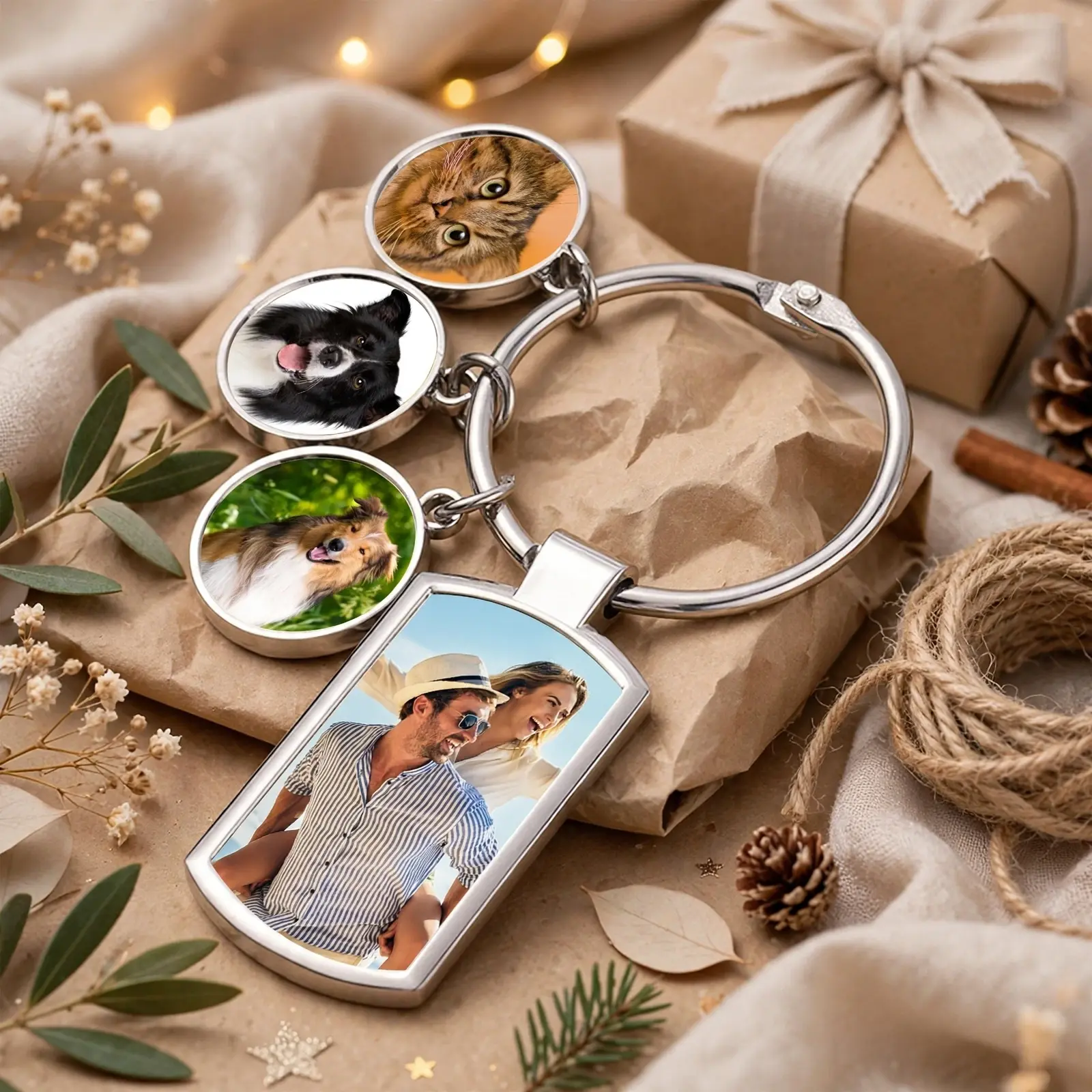 Personalized Custom Photo Keychain, Customized Metal Key Ring With 4 Photos, Memorial Gift for Couples, Pet, Family, Unique Anniversary Birthday Gift, Halloween Christmas Gift