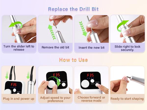 Professional Electric Nail Drill 35000 RPM,Portable Rechargeable E-File with LED Display,Quiet Low-Vibration Nail File Machine, Adjustable Speed,12 Nail Drill Bits for Acrylic Nails & Gel Nails