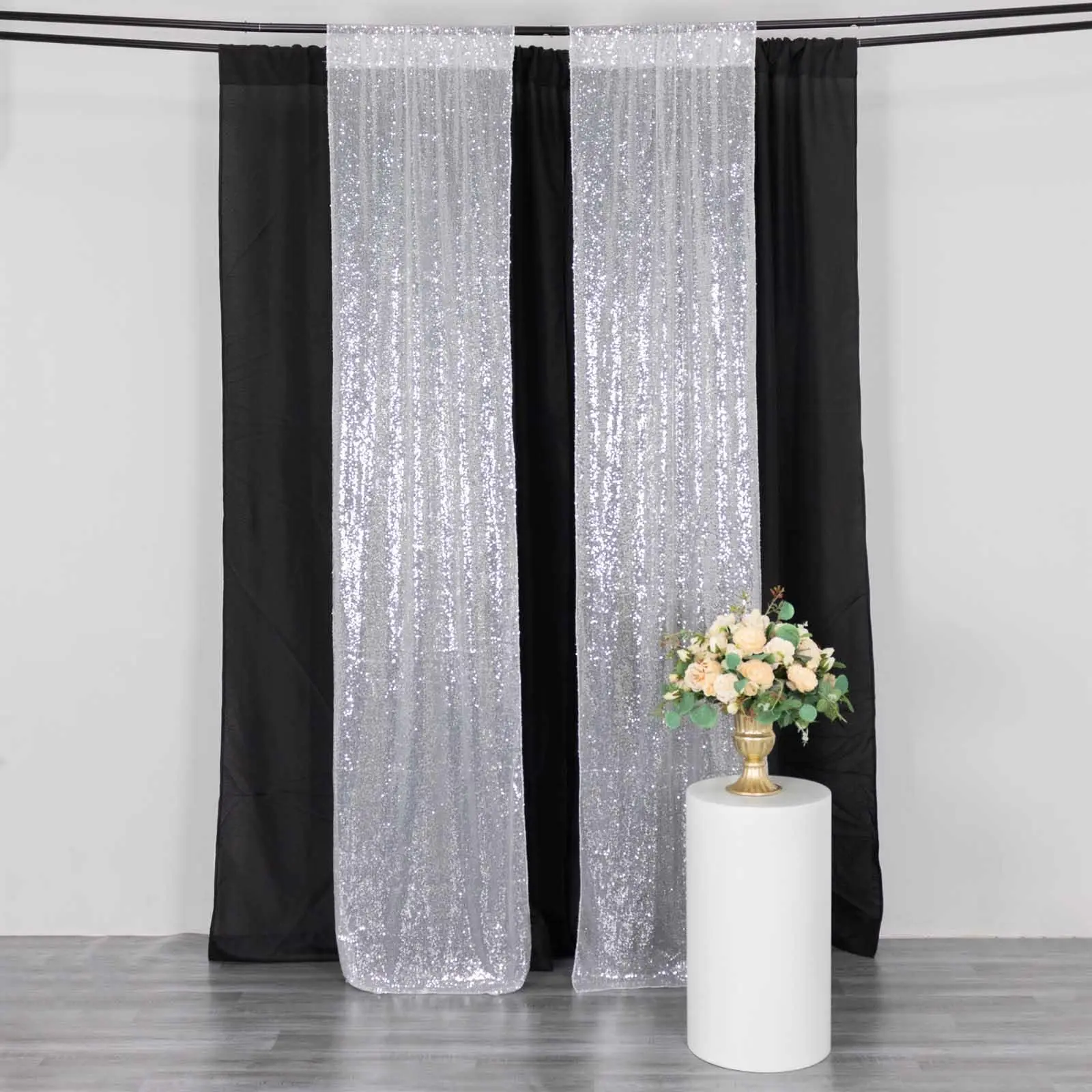 2-Pack Silver Sequin Backdrop Drape Curtains with Rod Pockets - Seamless Glittery Drapes, Glitter Mesh Photo Booth Event Divider Panels (8ftx2ft)