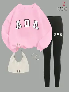 Women's Ada Letter Print Casual Sweatshirt Set, Loose-Fit Winter, Warm Two-Piece Design, Suitable for Daily Wear