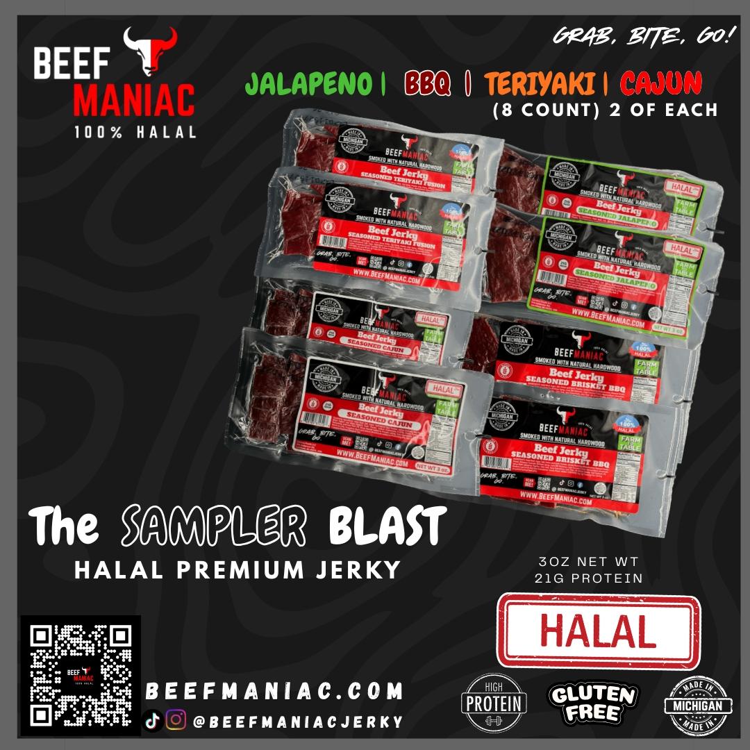 Halal Beef Jerky Sampler Blast by Beef Maniac | Natural Hardwood Smoked Premium Jerky Made in Michigan