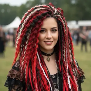 Crimson Rebel DE Braid Set — Handmade Festival Hair, Bold Red Black Ivory, Ready to Ship