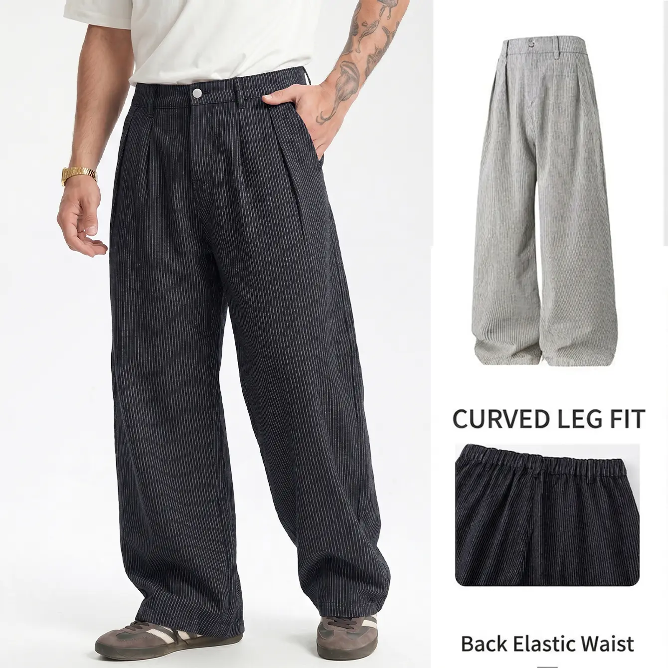 Men's Stylish Pinstripe Denim Jeans - Curved Legs, Wide Leg, Half Elastic Back Waist, Pleated Loose Casual Trousers, Wrinkle-Resistant, Wear-Resistant, 2 Colors (Black, Light Grey) for Streetwear Daily Menswear, Denim Blend, Elastic Waist