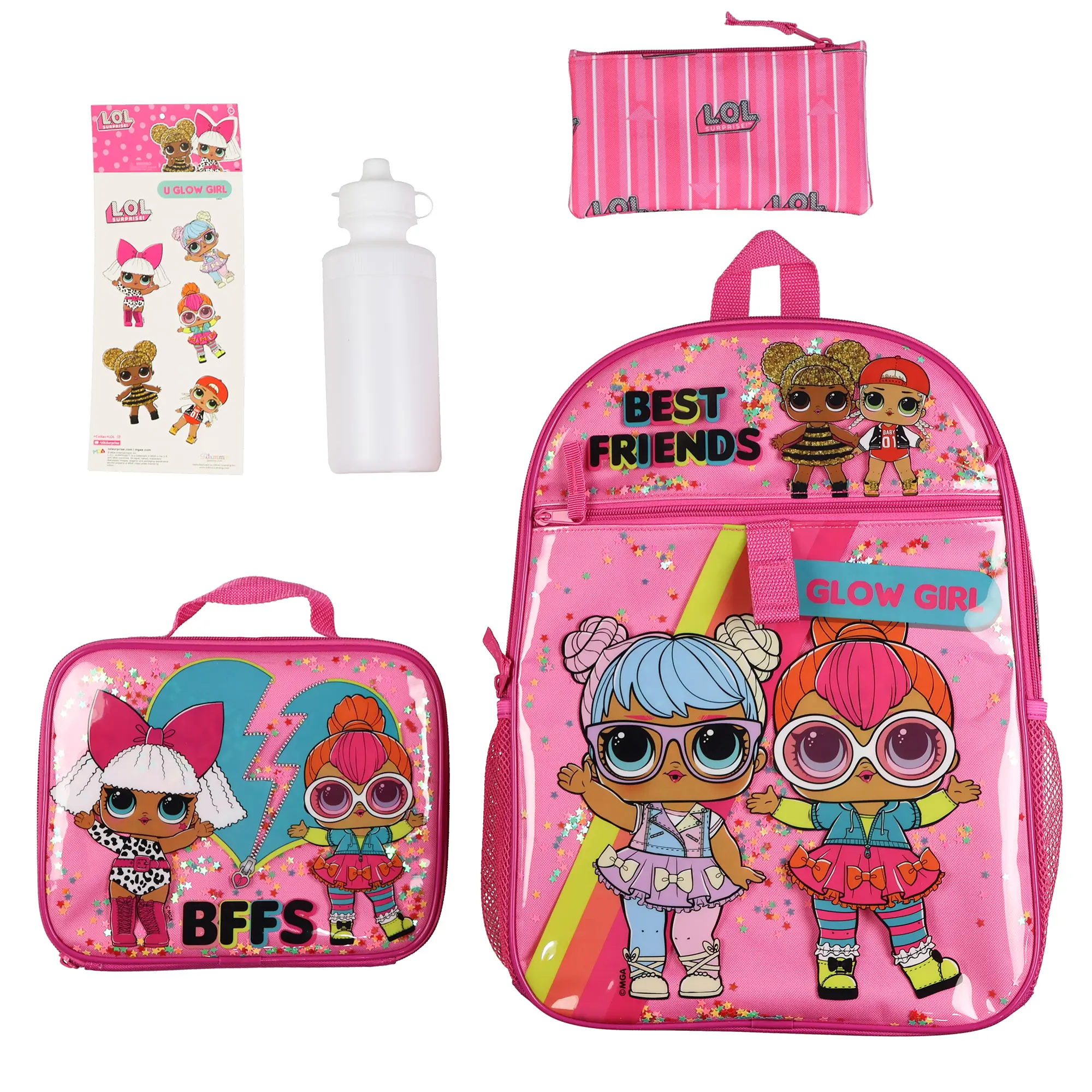 LOL Surprise! Backpack 16" You Glow Girl 5 Piece Set Book Bag with Detachable Lunch Box