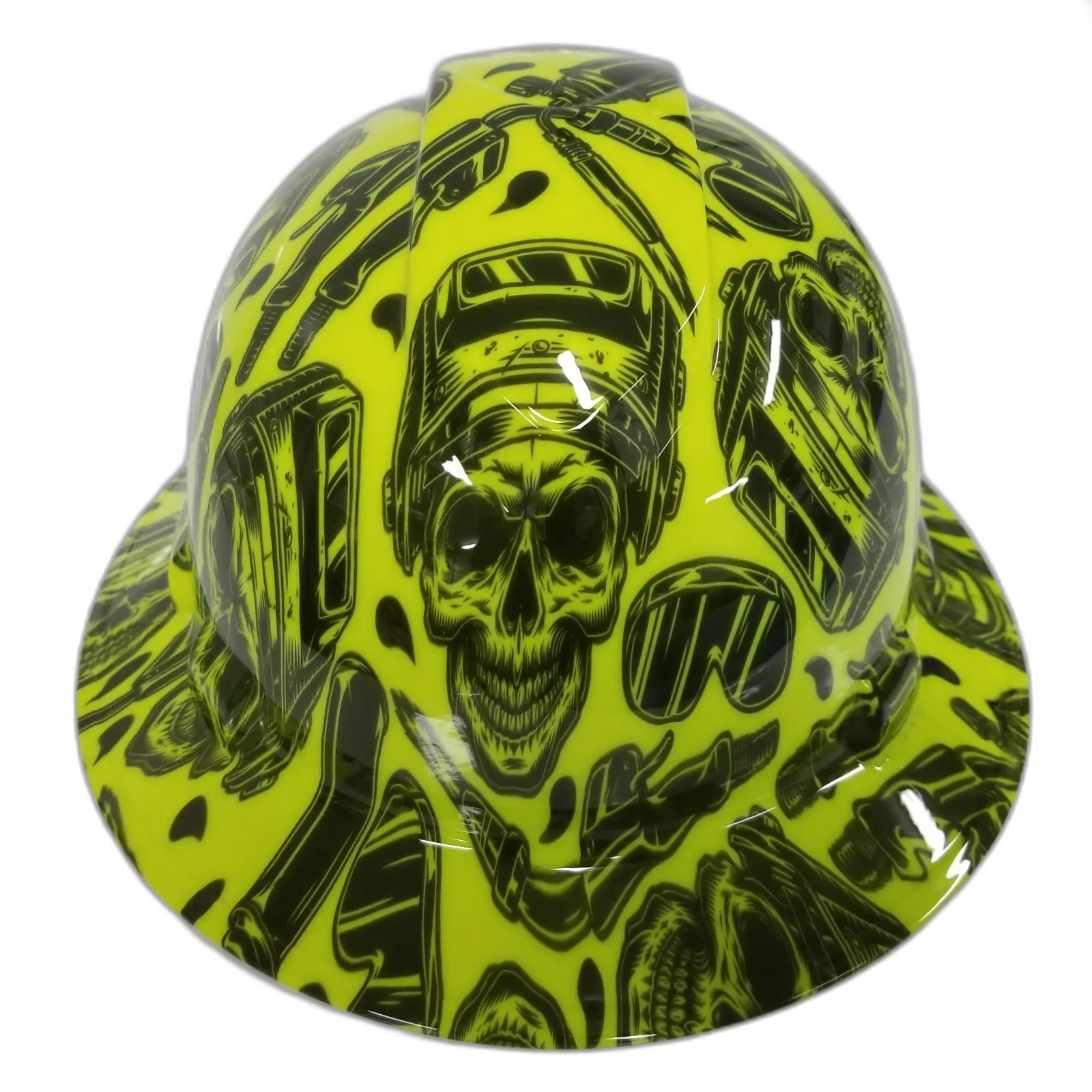 Hi-Vis Lime Welder Skull - Custom Hydro Dipped Full Brim Hard Hat
