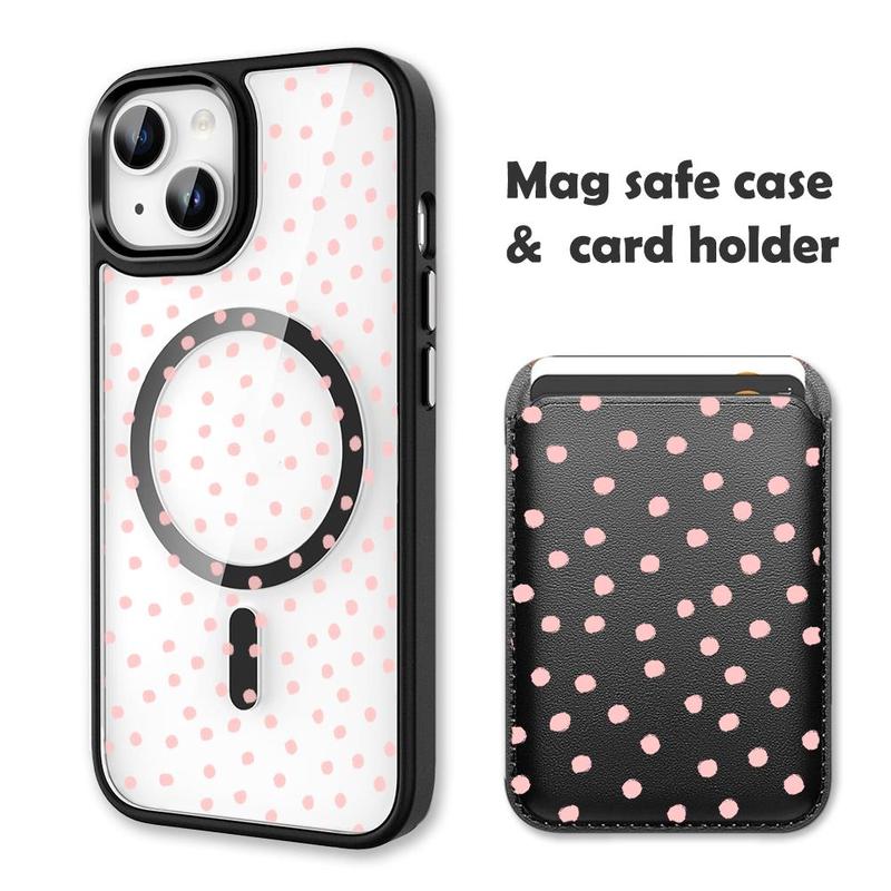 Pink Polka Dots Clear MagSafe Compatible Phone Case & Card Holder Wallet Magnetic Shockproof Cover for iPhone 17 /16 Pro Max Cases for Samsung S25 Black