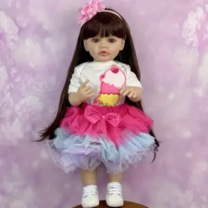 GUESSBELLY 55 CM Full Soft Vinyl Body Reborn Baby Doll Toy For Girl Brown Long Hair Princess Toddler Doll Handmade Birthday Gift For Child