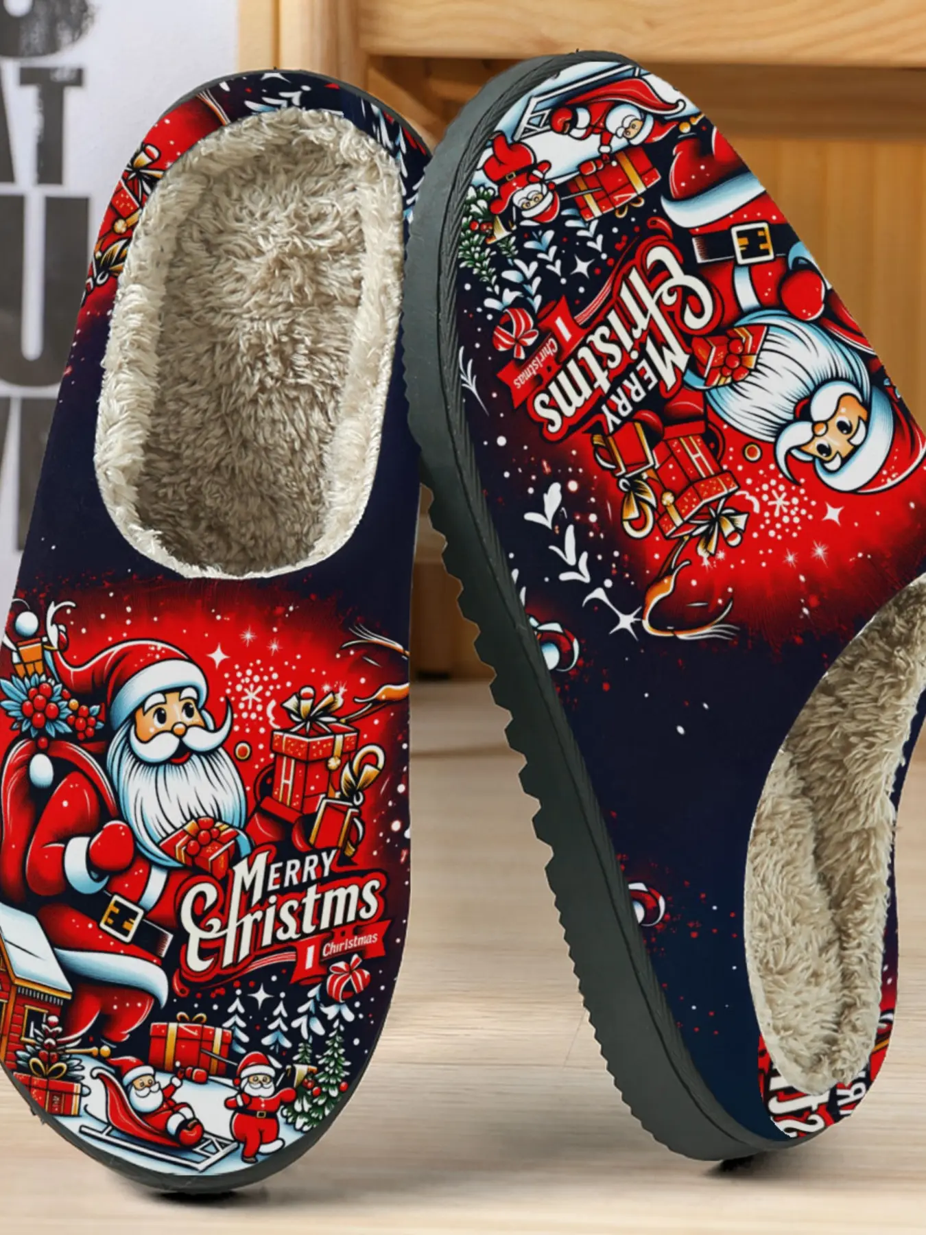 Women's Christmas Santa Print Cotton Slippers, Colorful Holiday Style, Plush Lined Anti-Slip Thick Sole, Casual Home & Outdoor Wear