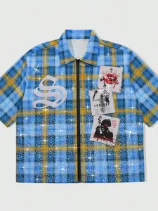 1pc Men's Vintage Plaid Zip-Up Short Sleeve Casual Shirt Y2K Grunge Streetwear Patchwork Graphic Top For Summer Outfits