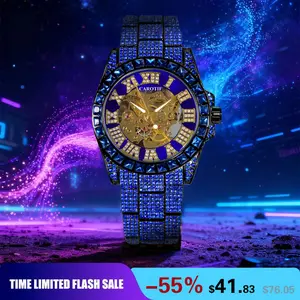 CAROTIF Luxury Men's Blue Diamond Automatic Mechanical Watch with Gold Roman Numerals Skeleton Dial Waterproof Wristwatc
