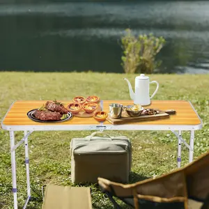 NEWZOME  Portable Multipurpose Folding Table Wood Grain Color Lightweight Aluminum Camping Table with Handle Waterproof Scratch Resistant Surface for Outdoor Picnic BBQ Travel Indoor Home Office Use