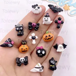 20pcs Resin Mini Colorful Painted Bat Pumpkin Skull Bow Cat Figurines Flat back Scrapbook DIY Halloween Decor Crafts Accessories