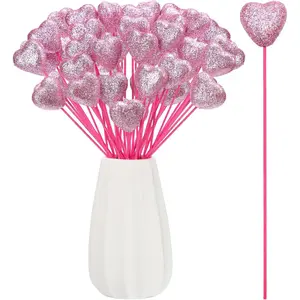 36pcs Glitter Foam Hearts Picks | Pink Wooden Stems for Valentine Decorations and Flower Arrangements