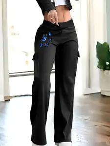 Women's black casual trousers, featuring flap pockets, elastic waistband, and a straight-leg fit. Suitable for spring, summer, and autumn wear.  Workwear style. Pants