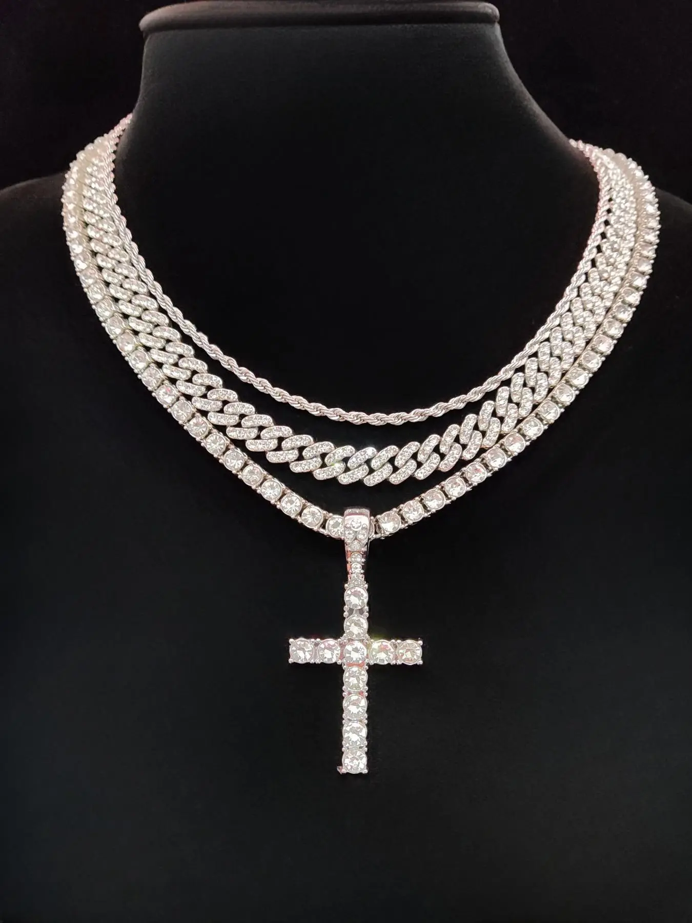 Rhinestone Decorated Cross Pendant & Cuban Chain & Chunky Chain Necklace & Tennis Chain, cross necklaces, Fashion Jewelry for Party, Daily Clothing Decor, Trendy All-match & Exquisite Jewelry for Gift, Cuban Link Chain