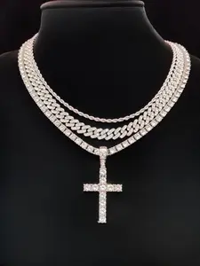 Rhinestone Decorated Cross Pendant & Cuban Chain & Tennis Chain, cross necklaces, Fashion Jewelry for Party, Daily Clothing Decor, Trendy All-match & Exquisite Jewelry for Gift