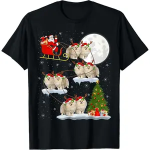 Funny Xmas Lighting Tree Santa Riding Pomeranian Christmas T-Shirt, 100% Cotton, Single Side Printed, Black Short Sleeve T-shirt, 1 pc, Christmas Halloween Thanksgiving Gift