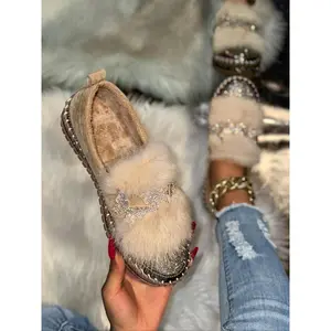 Women’s casual faux fur soft sole flat shoes, cute butterfly rhinestone decoration, non-slip round toe shoes