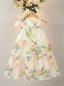 Summer  Chic Girls' Floral Chiffon Princess Dress - Boho Style, Knee-Length with Bow Detail, Perfect for Beach & Parties