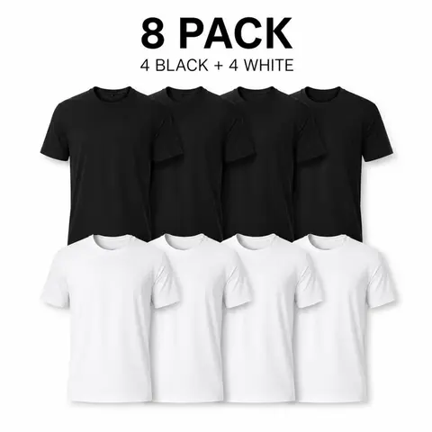 8-Pack Men's T-Shirt, Cotton Blend Crew Neck Tees in 4 Black & 4 White, Classic Plain Soft Short Sleeve Comfy Breathable Athletic Undershirts for Casual Wear,oversize tee, Unisex Menswear Top Womenswear Streetwear Tshirt