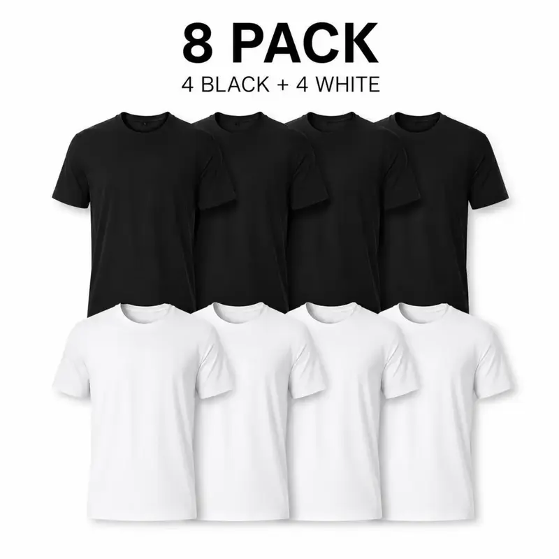 8-Pack Men's T-Shirt, Cotton Blend Crew Neck Tees in 4 Black & 4 White, Classic Plain Soft Short Sleeve Comfy Breathable Athletic Undershirts for Casual Wear,oversize tee, Unisex Menswear Top Womenswear Streetwear Tshirt