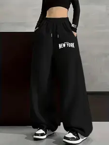 Black Oversized New York Graphic Wide-Leg Joggers - American Urban Streetwear Pants, 2025 Trending NYC Theme Casual Trousers, Soft Comfortable Fabric Perfect for Daily Street Style, Urban Hangouts & Outfit Coordination, Bold Retro "NEW YORK" Design That S