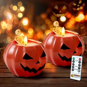 Halloween Flameless Pumpkin Candles, 2Pcs LED Real Wax Pumpkin Lamp with Skeleton, Flickering Battery Operated Candles with Remote for Halloween Decor, Theme Party, Holiday Gift, Orange