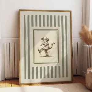 Whimsical Cowboy Cat Print – Vintage Western Wall Art, Sage Green Coastal Decor for Living Room, Bedroom or Nursery
