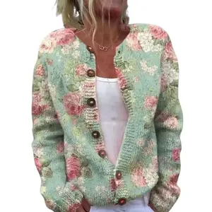 Women's Floral & Button Print Cardigan - Round Neck Long Sleeve Casual Knitwear for Late Fall & Winter - Multicolor Polyester Fabric