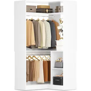 Aheaplus Corner Closet System With Shelves, 34'' Organizer With Hanging Rods, Wood Walk-in for Small Space, Freestanding Tower, L Shaped Garment Rack, White