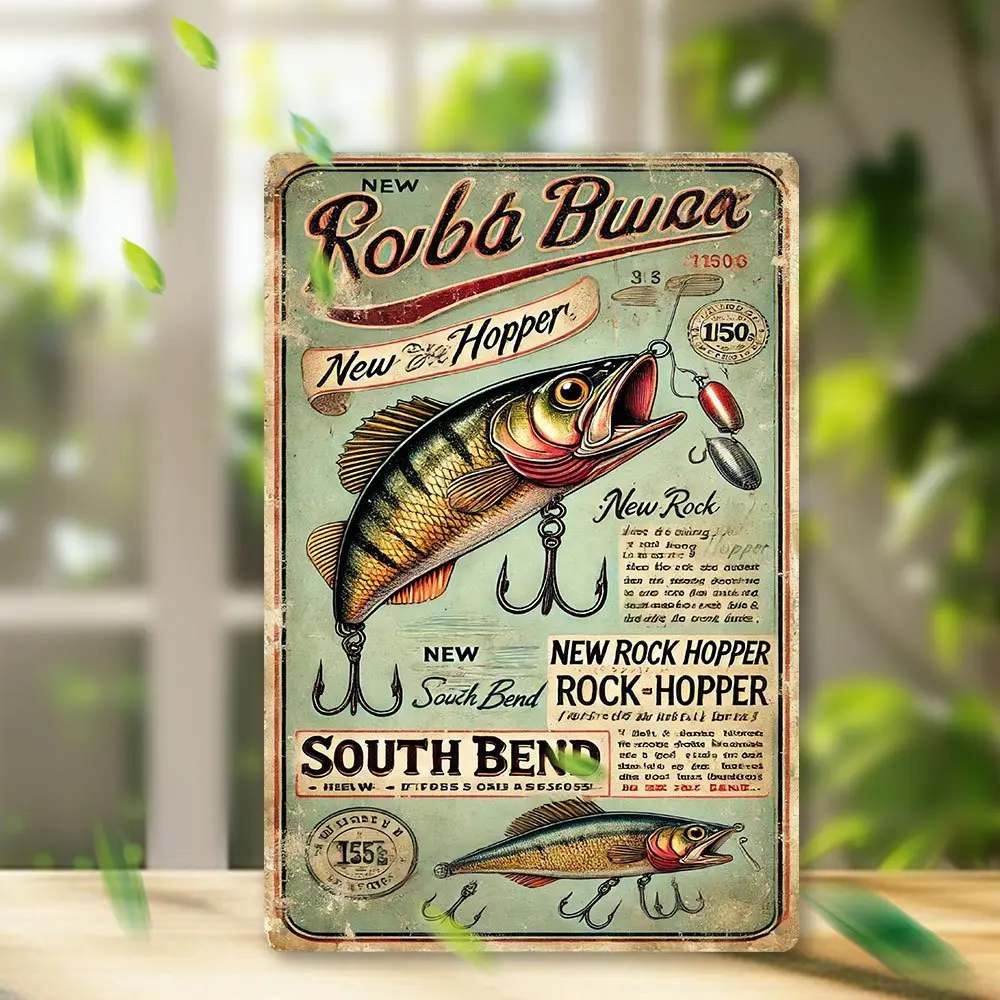 Metal Tin Signs 2D Flat, , 2D Wall Art - "Vintage Fishing Billboard Bait Poster" - Vintage Metal Tin Painting, Art Decoration, 2D, Easy Installation, 7.8x11.8 inches, Indoor and Outdoor Hanging Iron Plate Painting for Home, Bedroom, Office, Study, Restaur