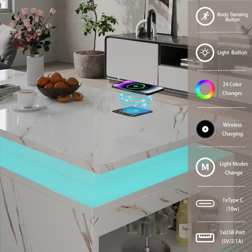 47" Modern Coffee Table with 24-Color LED with Wireless Charging, Bluetooth Speaker, and USB Ports, High Glossy Marble Coffee Table with Large Open 2-Tier Storage and Shelves for Living Room - White