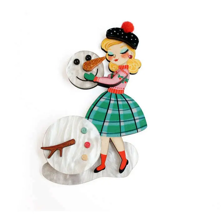 Laliblue Girl with a Snowman Brooch, Fashion Clothing Accessory with Original Art, Rhinestone Accents, Methacrylate Details, Steel Safety Clasp, Made Entirely in Our Workshop, Buttons